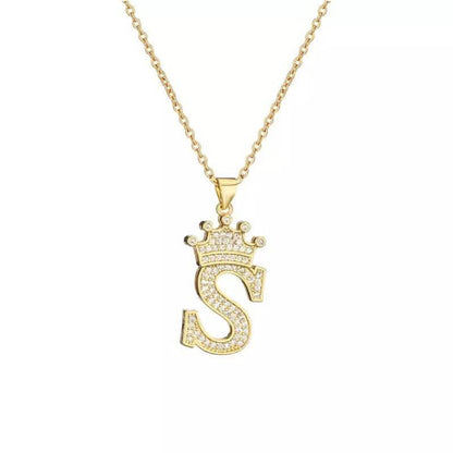 Stainless Steel Gold Overlay Hip Hop Crown A-Z Letters Necklace for Men and Women