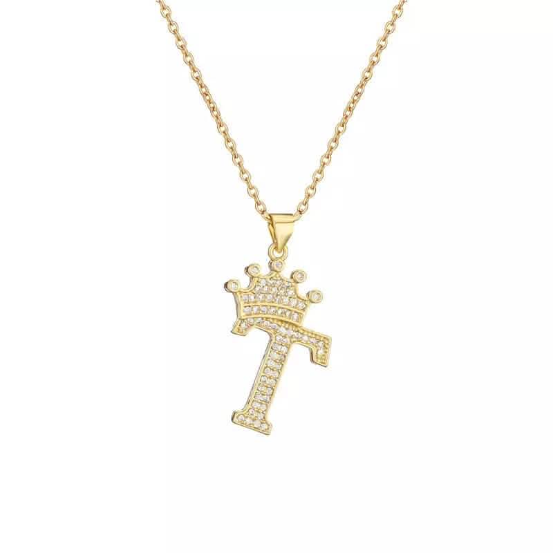 Stainless Steel Gold Overlay Hip Hop Crown A-Z Letters Necklace for Men and Women