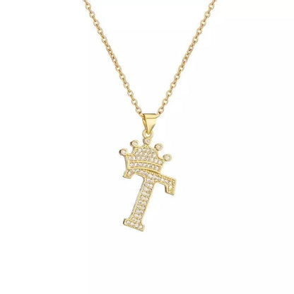 Stainless Steel Gold Overlay Hip Hop Crown A-Z Letters Necklace for Men and Women