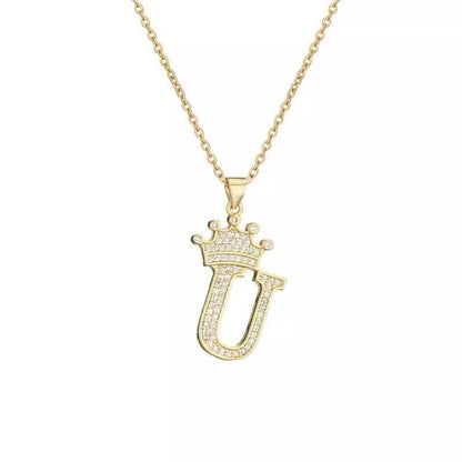 Stainless Steel Gold Overlay Hip Hop Crown A-Z Letters Necklace for Men and Women