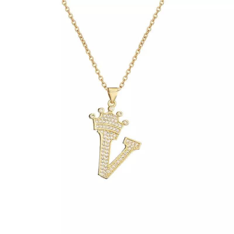 Stainless Steel Gold Overlay Hip Hop Crown A-Z Letters Necklace for Men and Women