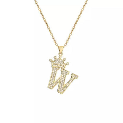 Stainless Steel Gold Overlay Hip Hop Crown A-Z Letters Necklace for Men and Women