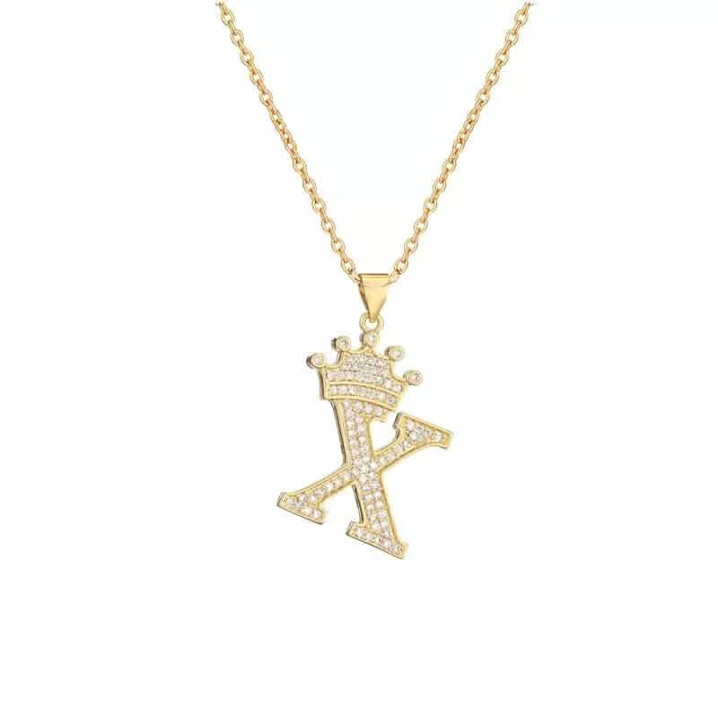 Stainless Steel Gold Overlay Hip Hop Crown A-Z Letters Necklace for Men and Women