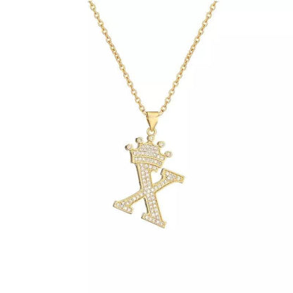 Stainless Steel Gold Overlay Hip Hop Crown A-Z Letters Necklace for Men and Women