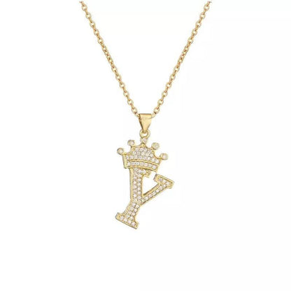 Stainless Steel Gold Overlay Hip Hop Crown A-Z Letters Necklace for Men and Women