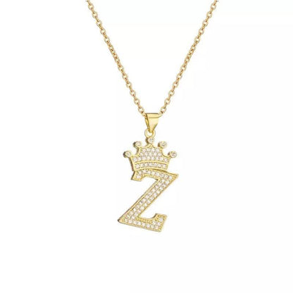 Stainless Steel Gold Overlay Hip Hop Crown A-Z Letters Necklace for Men and Women