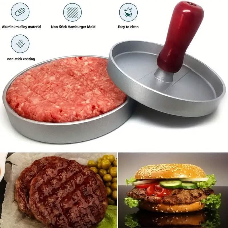 Stainless Steel Hamburger Patty Press with Wooden Handle