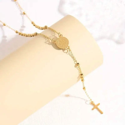 Stainless Steel St. Benedict Pattern Golden Rosary Cross Pendant Necklace