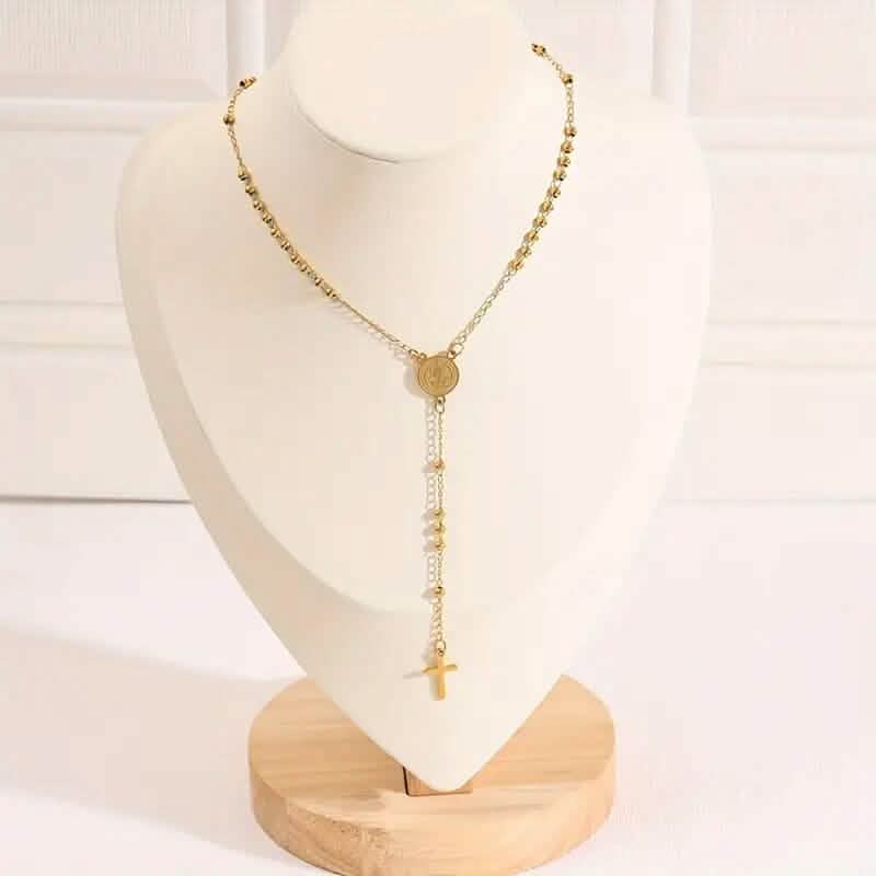 Stainless Steel St. Benedict Pattern Golden Rosary Cross Pendant Necklace