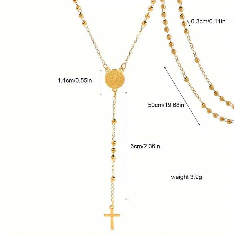 Stainless Steel St. Benedict Pattern Golden Rosary Cross Pendant Necklace