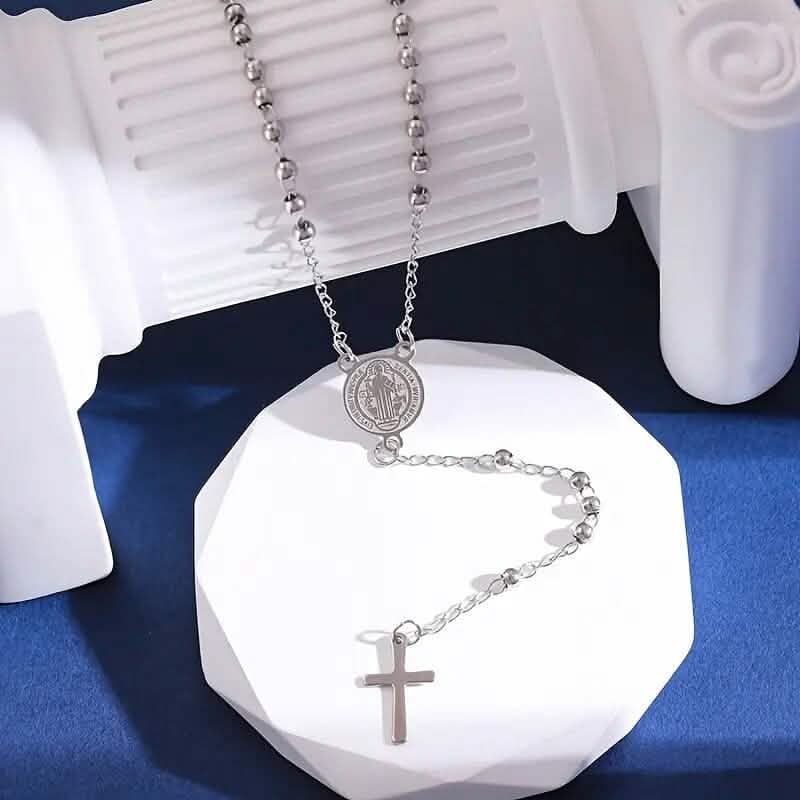 Stainless Steel St. Benedict Pattern Golden Rosary Cross Pendant Necklace