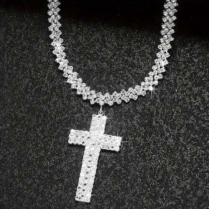 Sterling Silver 925 Luxury Cross Pendant Necklace with Multi-Layer Zircon and Sparkling Rhinestones