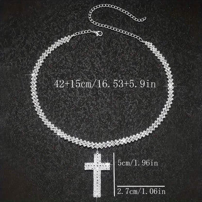 Sterling Silver 925 Luxury Cross Pendant Necklace with Multi-Layer Zircon and Sparkling Rhinestones