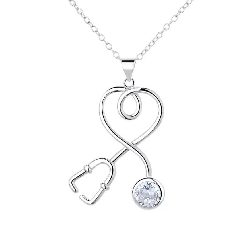 Sterling Silver Stethoscope Heart Pendant Necklace With Swarovski Crystals