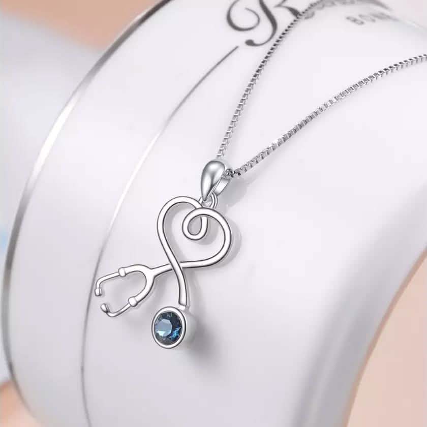 Sterling Silver Stethoscope Heart Pendant Necklace With Swarovski Crystals