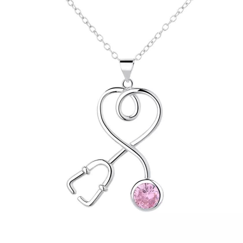 Sterling Silver Stethoscope Heart Pendant Necklace With Swarovski Crystals