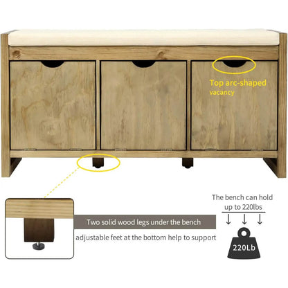 Storage Bench with Removable Cushion and 3 Flip Lock Storage Cubbies