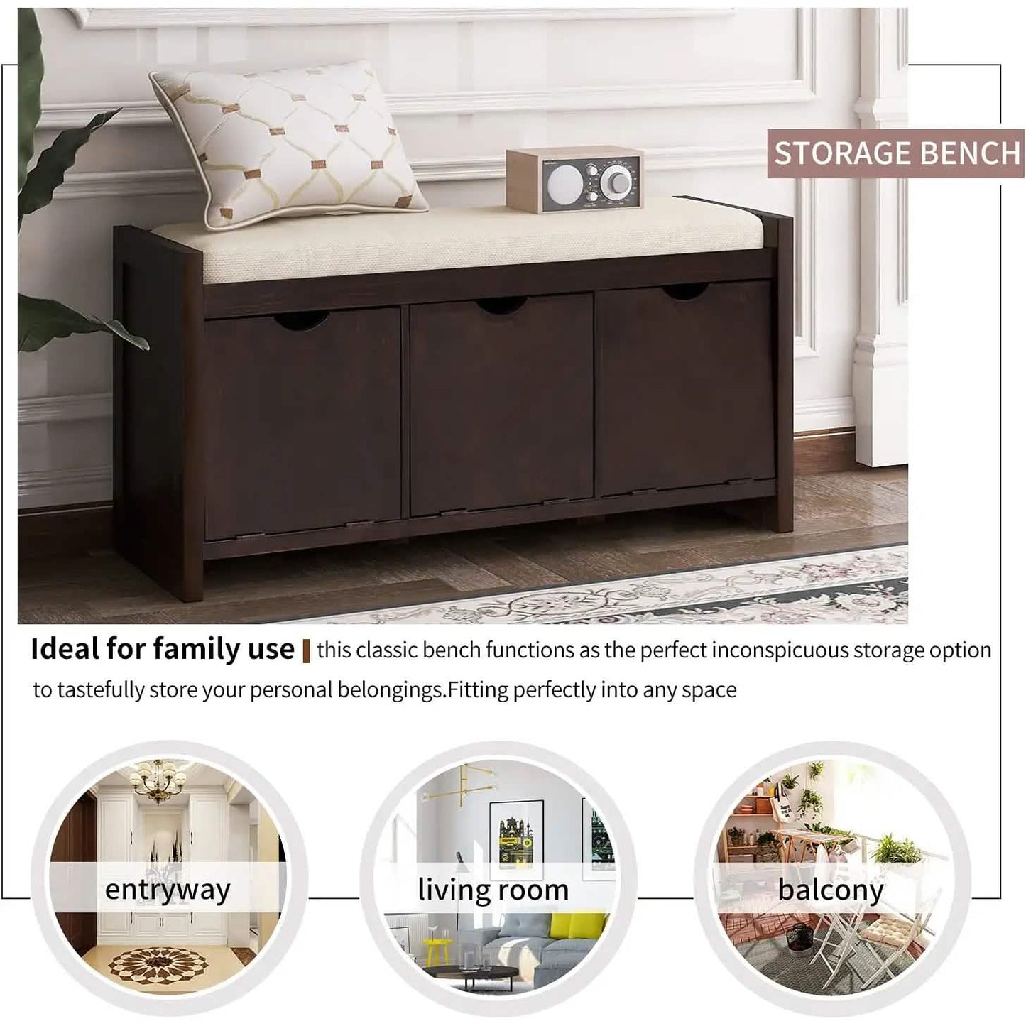 Storage Bench with Removable Cushion and 3 Flip Lock Storage Cubbies