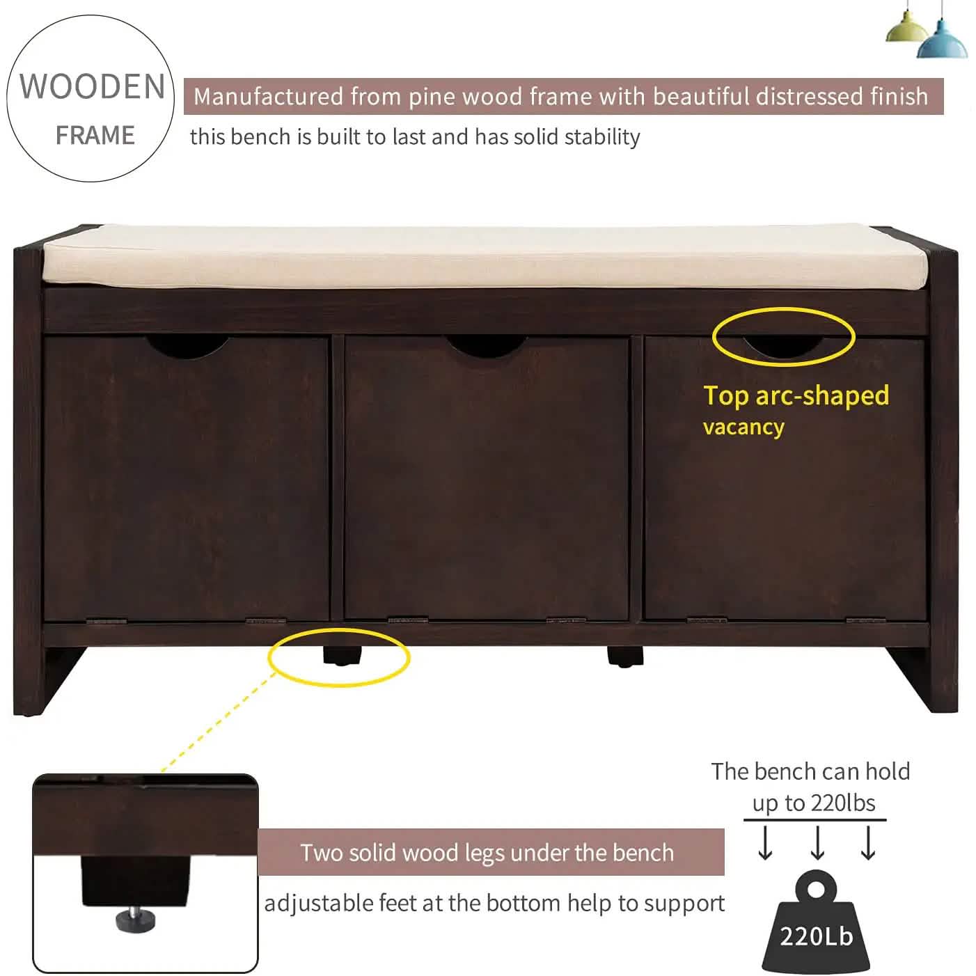 Storage Bench with Removable Cushion and 3 Flip Lock Storage Cubbies