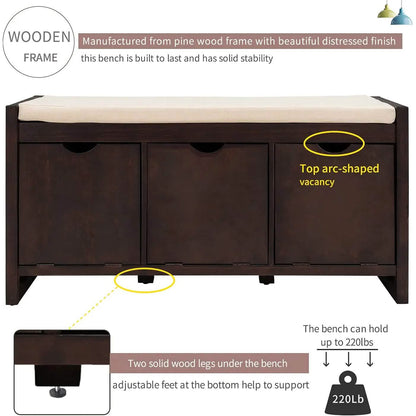 Storage Bench with Removable Cushion and 3 Flip Lock Storage Cubbies