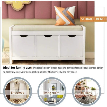 Storage Bench with Removable Cushion and 3 Flip Lock Storage Cubbies