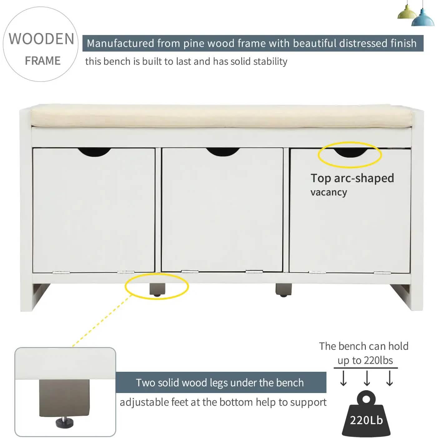 Storage Bench with Removable Cushion and 3 Flip Lock Storage Cubbies