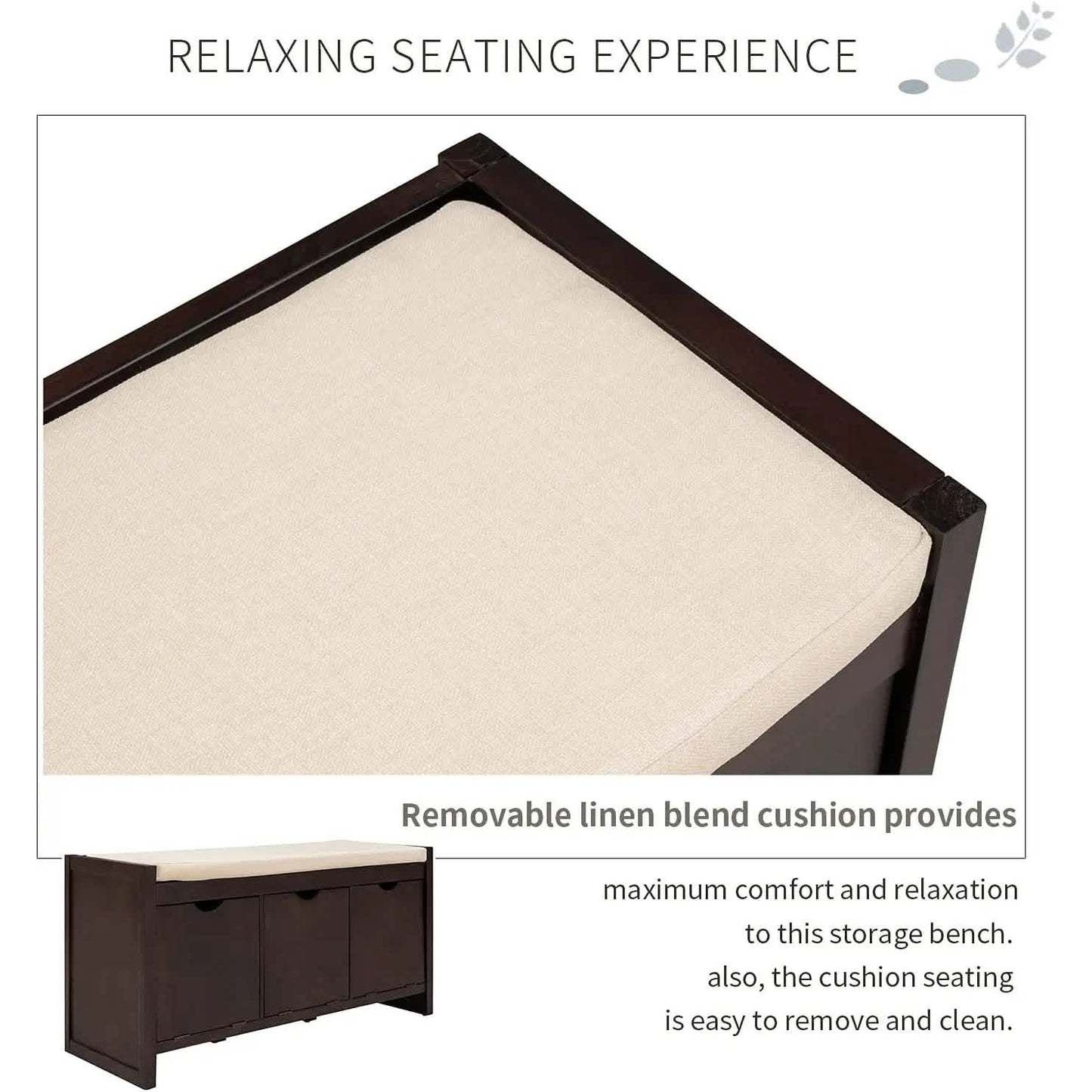 Storage Bench with Removable Cushion and 3 Flip Lock Storage Cubbies