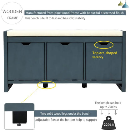 Storage Bench with Removable Cushion and 3 Flip Lock Storage Cubbies