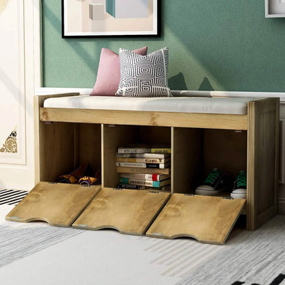 Storage Bench with Removable Cushion and 3 Flip Lock Storage Cubbies