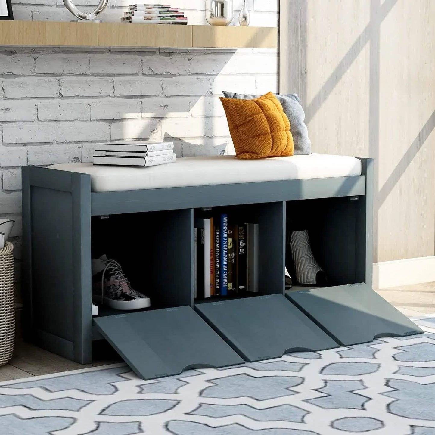 Storage Bench with Removable Cushion and 3 Flip Lock Storage Cubbies