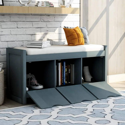 Storage Bench with Removable Cushion and 3 Flip Lock Storage Cubbies