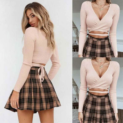 Summer Women Slim Long Sleeve Tee Cross V-neck Sexy Crop Top