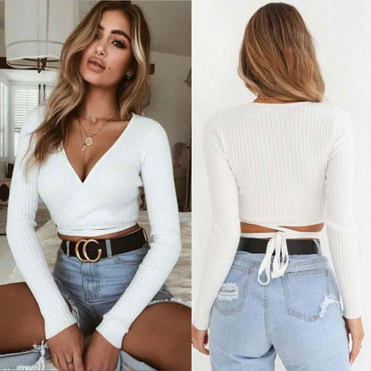 Summer Women Slim Long Sleeve Tee Cross V-neck Sexy Crop Top