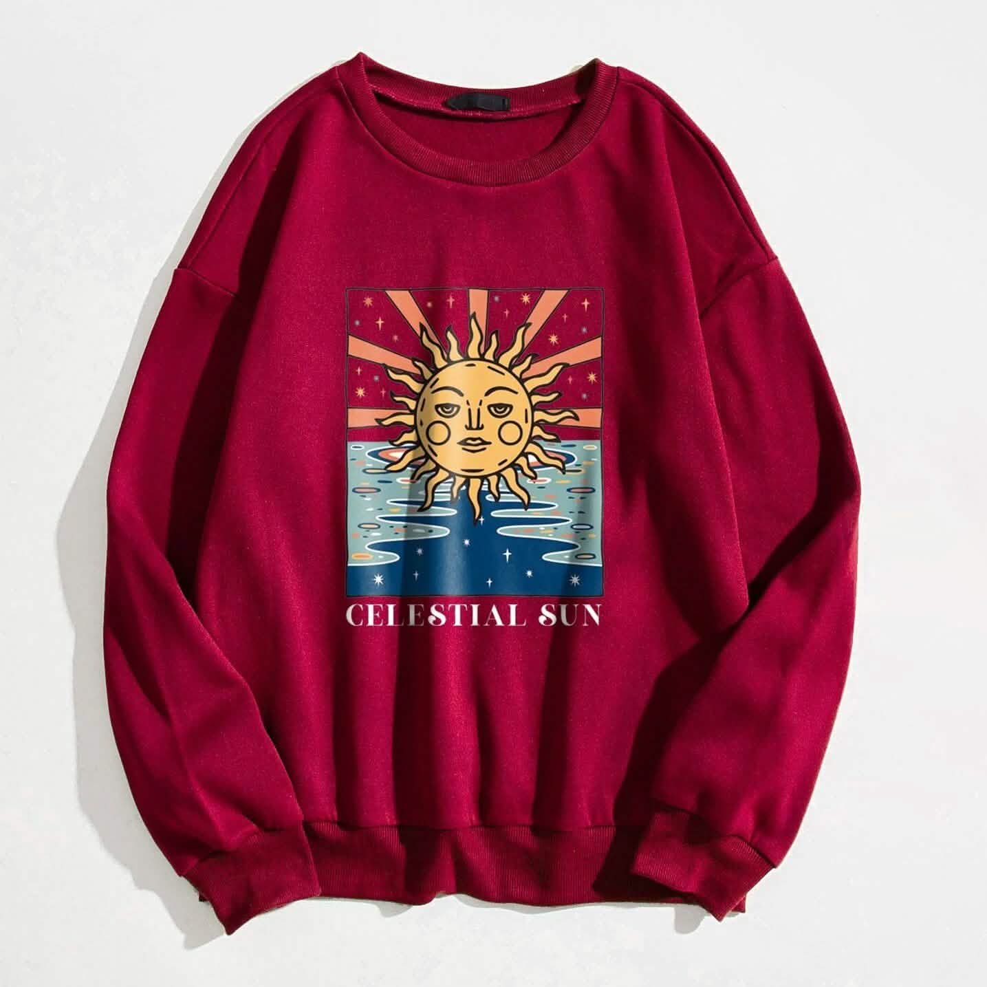 Sun and Letter Graphic Oversized Thermal Sweatshirt
