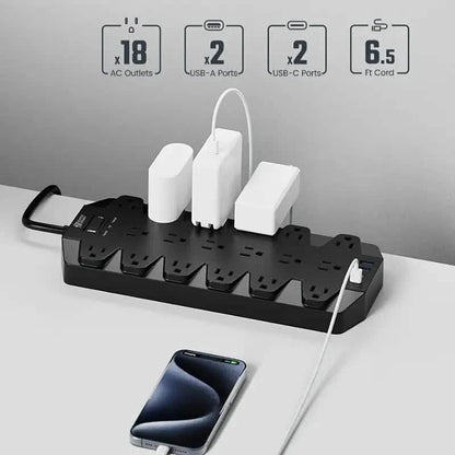 Superdanny 18 AC Outlets Surge Protector Power Strip with 2 USB C and 2 USB A Ports
