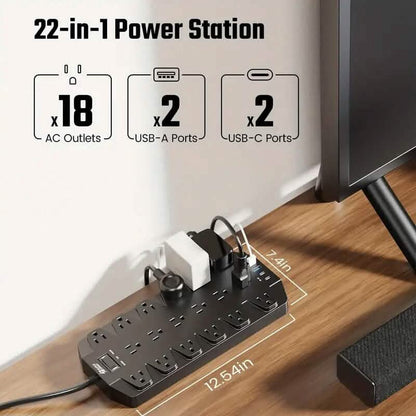 Superdanny 18 AC Outlets Surge Protector Power Strip with 2 USB C and 2 USB A Ports