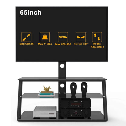 Swivel Floor TV Stand with Angle and Height Adjustable Tempered Glass TV Stand