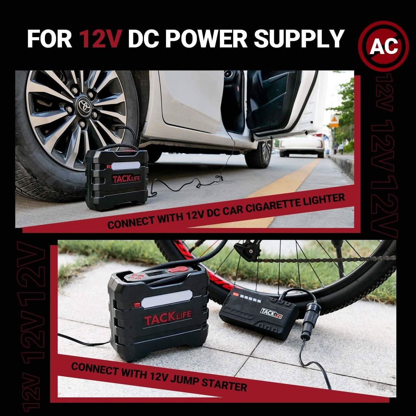 TACKLIFE Car Tire Inflator 12V DC Portable Air Compressor with 3 LED Lights