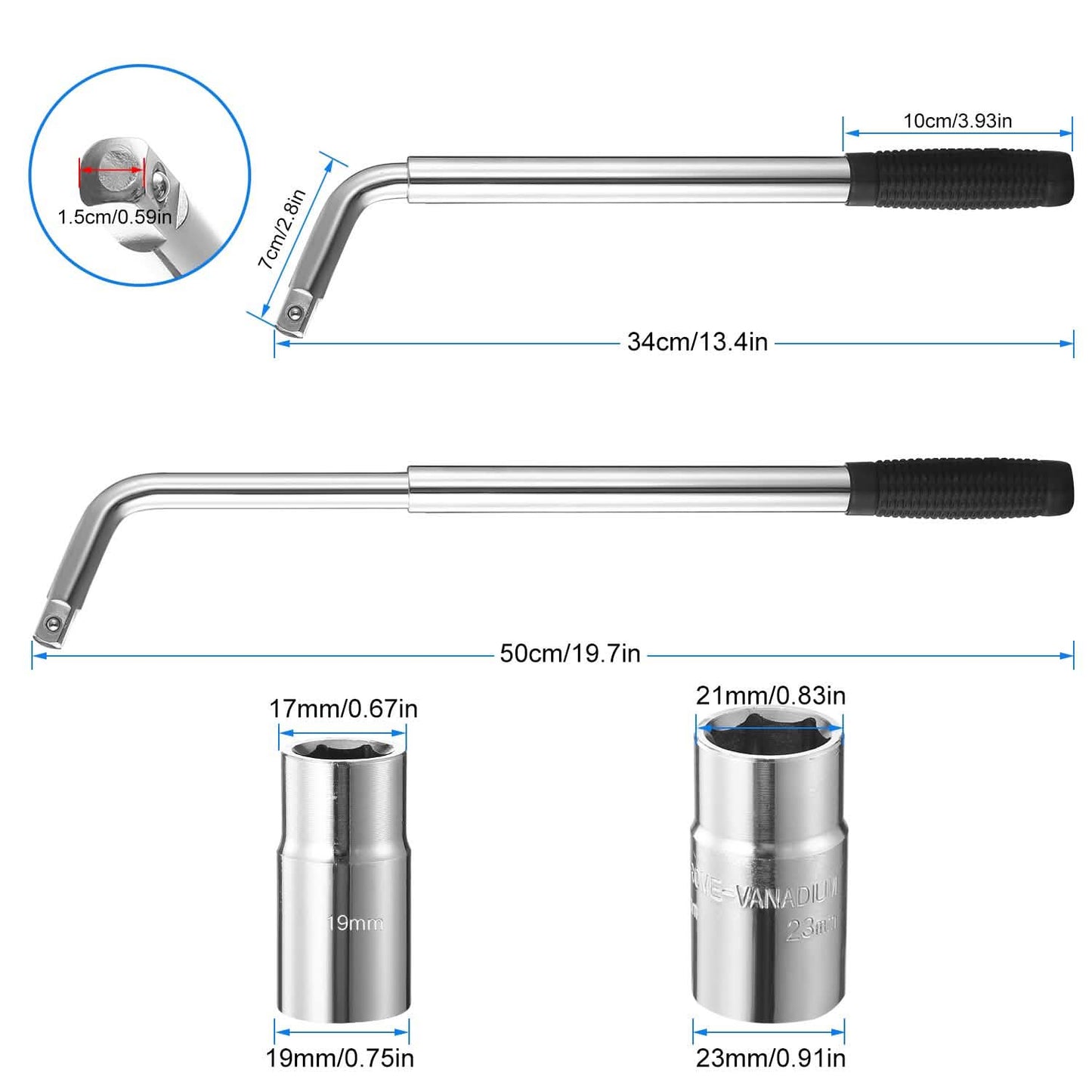Telescoping Lug Wrench Extendable Tire Wheel Nut with CR-V Sockets