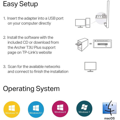 TP-Link USB WiFi Adapter for Desktop PC with 2.4GHz/5GHz High Gain Antenna (Refurbished)