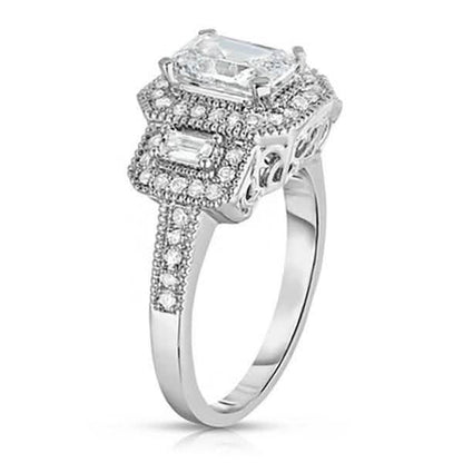 Tri Stone Emerald Cut Cubic Zirconia Ring in 18k White Gold - Size: 9