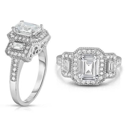 Tri Stone Emerald Cut Cubic Zirconia Ring in 18k White Gold - Size: 9