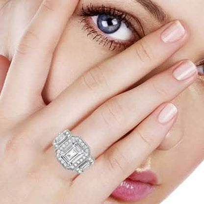 Tri Stone Emerald Cut Cubic Zirconia Ring in 18k White Gold - Size: 9