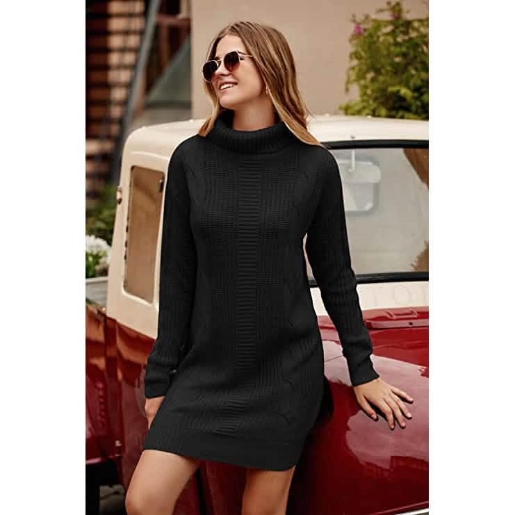 Turtleneck Pullover Sweaters Casual Long Sleeve Plain Winter Knit Sweater Dress