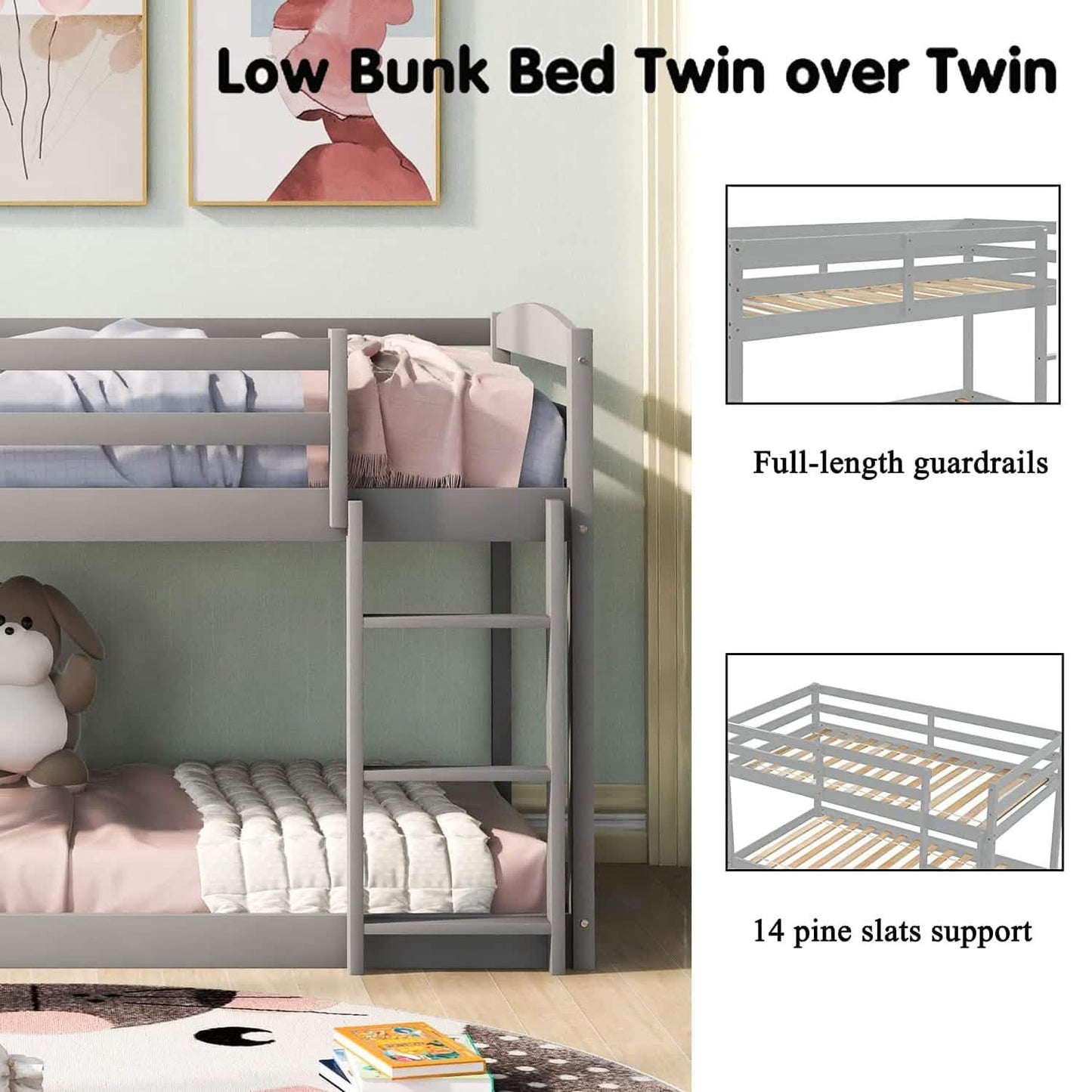 Twin Over Twin Floor Bunk Bed with Ladder
