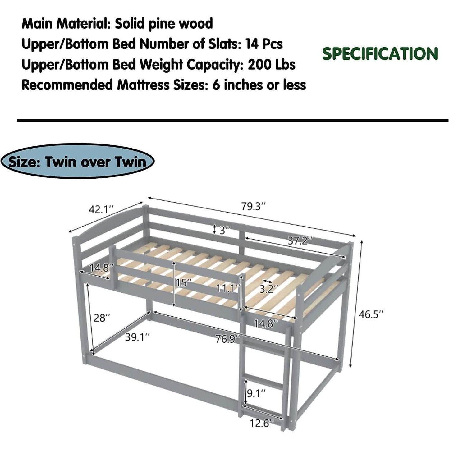 Twin Over Twin Floor Bunk Bed with Ladder