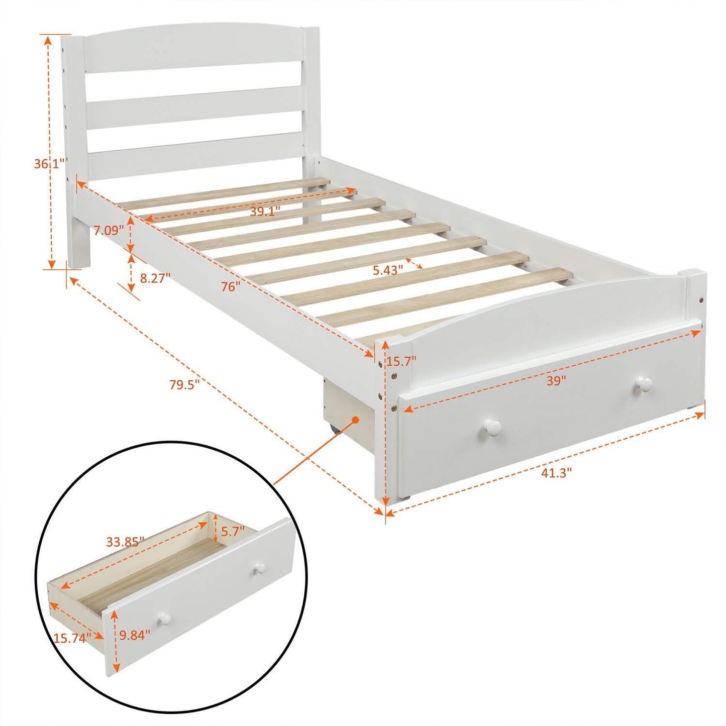 Twin Platform Bed Frame with Storage Drawer Headboard
