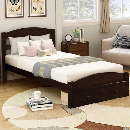 Twin Platform Bed Frame with Storage Drawer Headboard