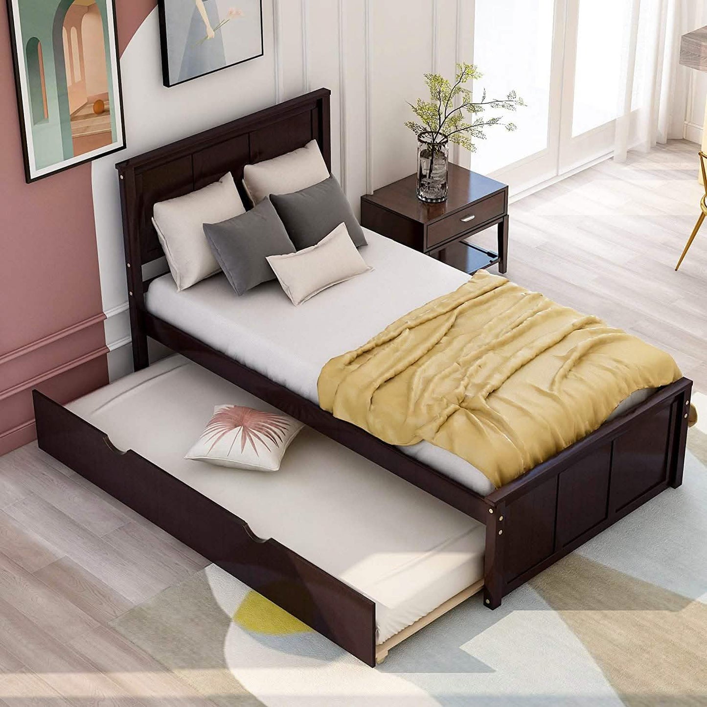 Twin Size Platform Bed with A Trundle