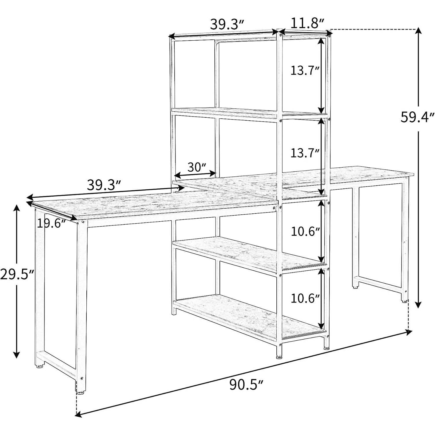 Two Person Computer Desk with Bookshelf Wood and Metal